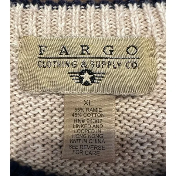 FARGO CLOTHING & SUPPLY CO Mens XL Crew Neck Long Sleeve Sweater Beige Fair Isle - Picture 3 of 5